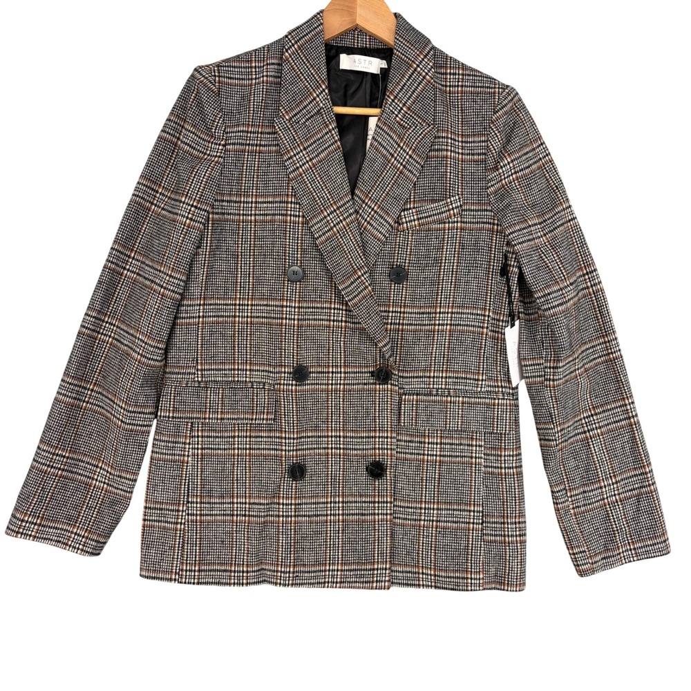 ASTR the Label Women Small Black White Plaid Double Breasted Blazer Houndstooth